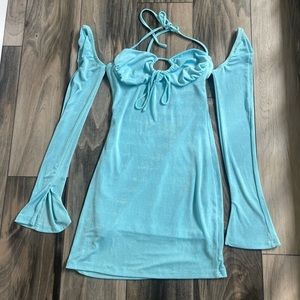 SHEIN ICON Drawstring Front Halter Neck Trumpet Sleeve Bodycon Dress